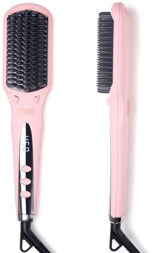 TYMO Ionic Hair Straightener Brush - Straightening Comb with 10M Negative Ions, 25s Heat-up, 16 Temps, Dual Voltage, LED Display | Ceramic Hot Comb Hair Brush Straightener for Women, Pink