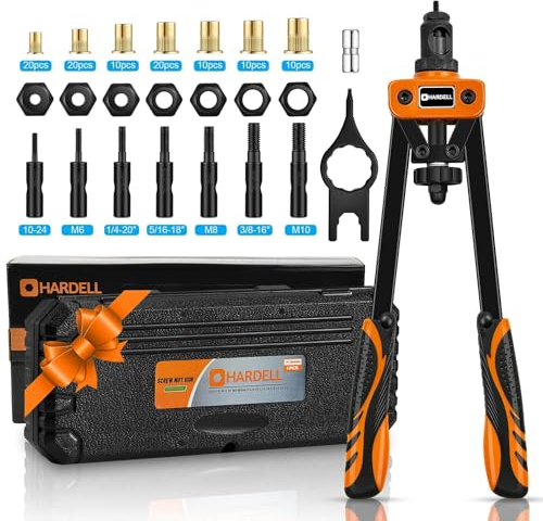 HARDELL Remachadora de Tuercas, 14 Remachadora Manual Con 150pcs Remachadora Tuercas, y 6 Mandriles Intercambiables M3 M4 M5 M6 M8 M10, Naranja
