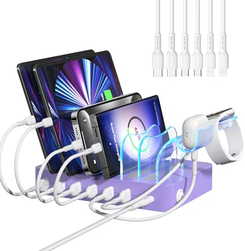 SooPii Estación de carga para múltiples dispositivos, estación de carga múltiple de 50 W con 6 puertos USB con soporte de carga 2 en 1 i-watch y 6 cables de carga, diseñado para iPad, teléfonos