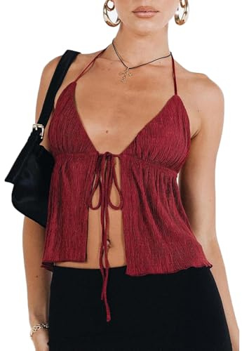 RUEWEY Haut court Y2K dos nu vintage sexy à nouer dos nu col en V profond bretelles spaghetti cami top streetwear, A-Wine Red, Taille M