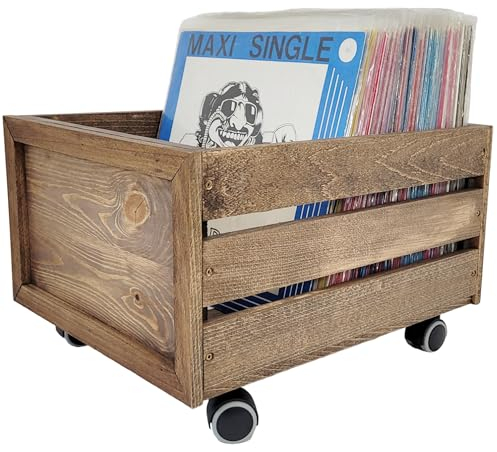 weeco Caja de madera con ruedas de vinilo para almacenamiento de discos de vinilo, organizador de almacenamiento, caja de madera para guardar álbumes de LP retro