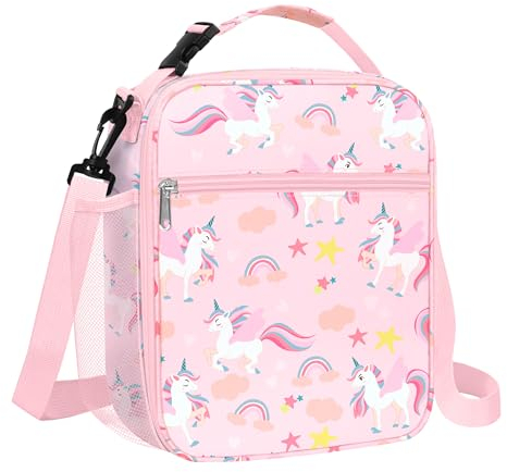 Clastyle Princess Insulated Kids Lunch Bag Large Thermal Cooler Bag for Girl Picnic School Lunch Box Tote,Pink Unicorn Rainbow