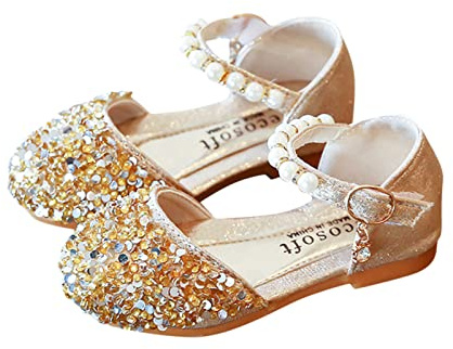 Princess Dress Up Shoes Kids Children Bridesmaid Prom Strappy Sequin Party Mary Jane Court Shoes Comfort Bright Dance Shoe Sequin Party Bright Dance Shoe Christmas Halloween Birthday Gold