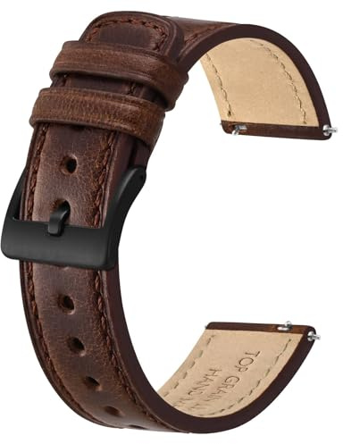 BISONSTRAP Leather Watch Straps, Classic Oil Waxed Leather, Quick Release Replacement Band for Men and Women, 22mm, Coffee Brown/Black Buckle