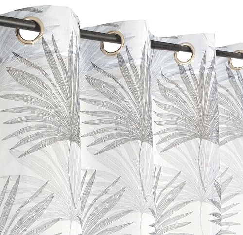 Atout Ciel Voilage imprimé Feuilles à œillets 140x240cm prêt à Poser, Blanc et Gris