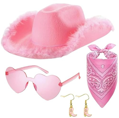 Cappello da cowgirl per ragazze, set di cappelli da cowgirl,4 cappelli da cowgirl rosa carnevale per donna | Occhiali Bandana e orecchini inclusi Gioco di ruolo Cappello da cowgirl con peluche per la