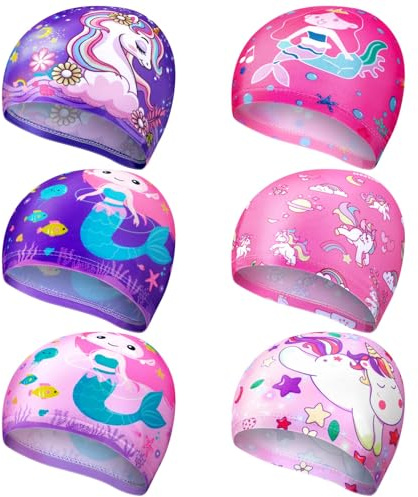 Fourluoo 6 Pcs Kids Swim Caps Rainbow Horse Unicorn & Mermaid Design Ear Cover for Toddler Girls Boys Age 2-12 Bathing Hats(Mermaid, Unicorn, Horse)