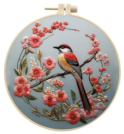 InteDesign Embroidery Kits for Beginners, DIY Embroidery Starter Kit with Flowers Bird Pattern Instruction,Bamboo Hoops, Threads and Needles (Style 2)