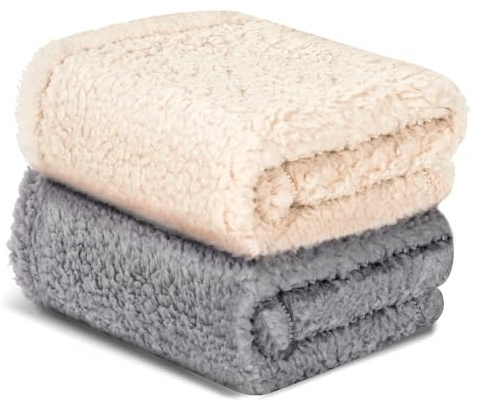 Vowanop Cat Blanket for Small Dogs Puppy Cat Kitten, 16 x 24 Soft Warm Sherpa Fleece Cat Blanket Washable, Grey/Beige Pack 2