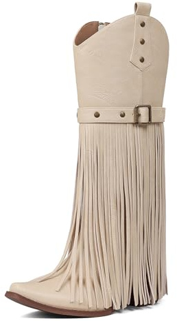 Grakihily Cowboy Boots for Women Retro Square Toe Side Zipper Block Chunky Heel Tassel Country Concert Outfits Calf Western Cowgirl Boots, B58./Beige, 6 UK