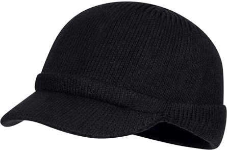 CLAPE Ullbeanie, mössa med skärm, varm, vintermössa, män, stickad mössa, dam, akrylstickad mössa, elastisk, kort brätte hatt, KH25W11-svart, one size