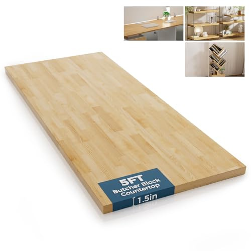 Solid Wood Butcher Block Countertop - 5ft Unfinished Birch Slab Counter Top Wooden Table Desk Top for DIY Kitchen Island, Workbench, Washer Dryer, Coffee Bar Table，60x25x1.5