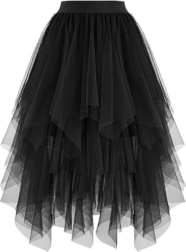BEWECASU Women Tulle Skirts High Low Layered Puffy Fairy Skirts Midi Length Irregular Layered Mesh Tutu Skirts