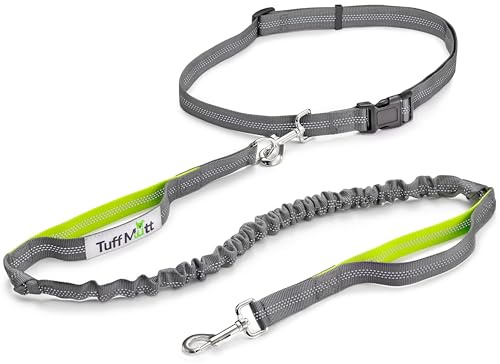 Tuff Mutt Hands Free Dog Leash for Walking Running Hiking, Waist Leash with Bungee, Adjustable Belt, Reflective Double Handle Design for Large Medium Dogs