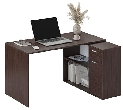 RICOO Eckschreibtisch mit Stauraum Dunkelbraun WM083-FM L Form Schreibtisch mit Schubladen 136x101x75 cm Computertisch Bürotisch PC Tisch Ecke Winkelschreibtisch Schreibtische Holz