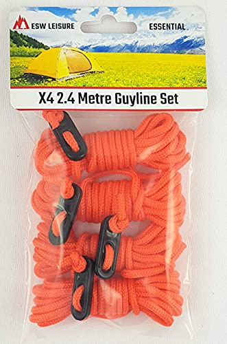 ESW LEISURE Guyline Ropes 4 Pack For Tents Awning Camping Strong Lightweight Paracord Guy Rope With Tensioner Guy Lines Fishing Umbrella Shelter Accessory Caravan Gazebo (Orange 2.4, 2.4 Metre 4 Pack)