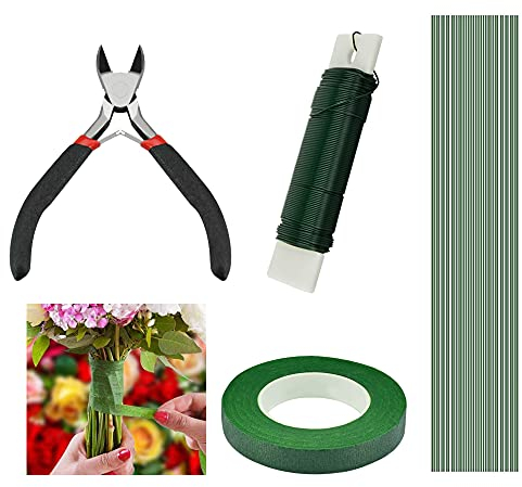 BUENTYA 4 Set Blumen Arrangement Tool Kit 26 Gauge Blumendraht Grün Blumenbindedraht Floral Wire Steckdraht 22 Gauge Floristenkrepp Blumen Floristentape Grün Kreppband mit Drahtschneider für Strauß