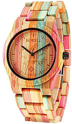 Alienwork Armbanduhr Damen Mehrfarbig Holz-Armband Natur-Bambus Handgefertigt