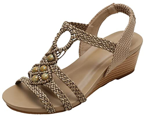 rismart Femme L'été Sandales Talon Compensé Bout Ouvert Tissé Bohême Chaussures