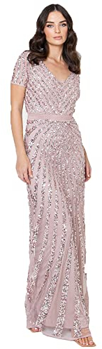 Maya Deluxe Damen Maxi Womens Ladies Embellished Sequin Dress Long Short Sleeve V Neck High Empire Waist Cut Shiny Prom Weddin Brautjungfernkleid, Frosted Pink, 42 EU