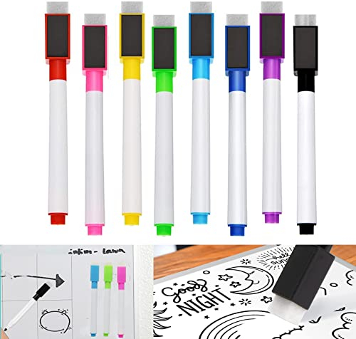 Probuk Whiteboard Marker Magnetisch 8 Farben Trocken Abwischbar Stift mit Schwamm, Schnelltrocknend Feiner Spitze Dry Erase Marker,Schule Zuhause Büro Zubehör für Fenster, Glas, Tafel, Whiteboard