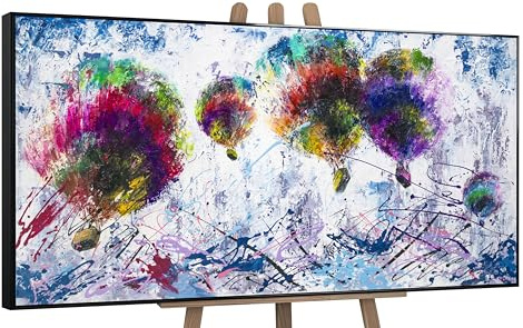 YS-Art Quadro Dipinto a Mano Originale – Mongolfiere Colorate Astratto, Stile Splash su Tela, Arredamento Luminoso Incorniciato per Salotto e Cameretta 200x100 cm