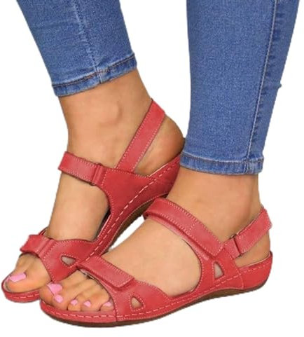 Womens Orthopedic Sandal, Comfort Wedge Sandals for Women, Orthotic Open Toe Ladies Sandals, Summer Anti-Slip Platform Beach Shoes, Cushion Walk Leather Sandals with Arch Support (5, Red)