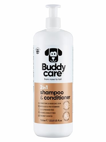 2-i-1 schampo och balsam från Buddycare - Praktiskt schampo och balsam för hundar i en enda produkt - med aloe vera och provitamin B5 (1L)
