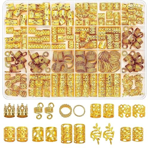 220 Pcs Gold Hair Jewelry Braid, Tuefuzy Hair Accessory, Hair Dreadlock Accessory Braid, Metal Gold Braids Rings Cuffs Clips for Jewelry Decorations
