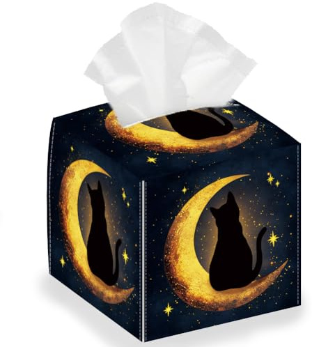 DELORIGIN Moon Cat Square Tissue Box Cover, Foldable Tissue Storage Box, Waterproof Paper Towel Case, Organizer, Black, PU Leather