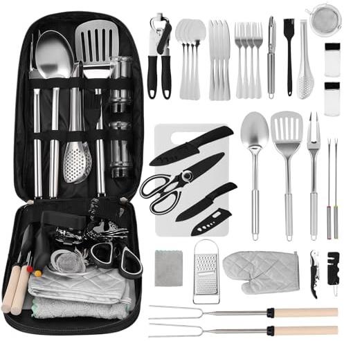 Portable Camping Cooking Utensils Set, 36 Pcs Stainless Steel Camping Kitchen Utensil Organizer, Cutting Board, Bottle Opener and Storage Bag Camping Accessories for Hiking Travel Picnic Gifts