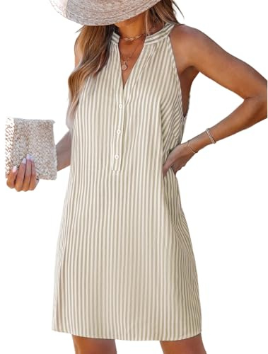 CUPSHE Womens Summer Dresses V Neck Sleeveless Striped Button Up Mini Casual Coverup Dress Beige L