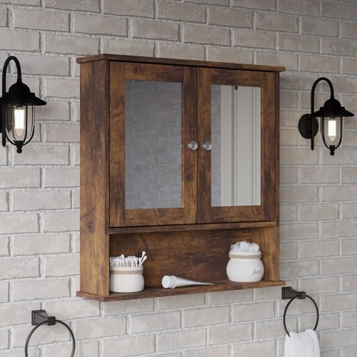 URBNLIVING Wall Mirror Cabinet Multi-Functional Mirror with Concealed Shelves, Wall-Mounted, Sleek and Modern Design, Ideal for Small Spaces, Perfect for Home Décor and Storage Needs Rustic Brown