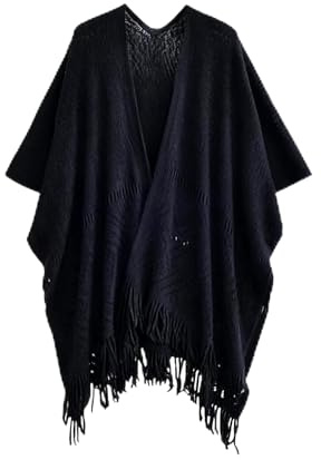 HYMIC Women's Knit Shawl Wraps, Knitted Poncho Cape Open Front Cardigan Sweater with Tassel for Spring Fall Winter (Black)