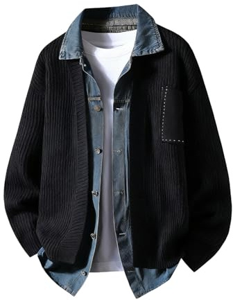Mymyguoe Chaqueta vaquera de punto 2 en 1 para hombre, abrigo vaquero vintage, camisa vaquera con botones, cuello vuelto, abrigo de patchwork, abrigo de punto, falso, chaqueta de dos piezas, chaqueta