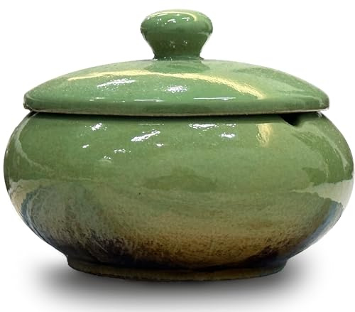 Green Ashtray Windproof with Lid, Indoor Outdoors Smell Proof Ashtrays | Vintage Ceramic Blue Glazed Cracker Glaze Design Apply Decorative Ash Tray for Home & Offic