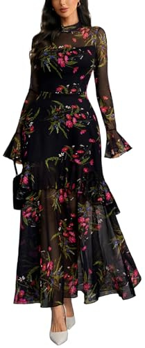 GothDark Women's Long Sleeve Bodycon Dress Black Sheer Mesh Round Neck Gothic Evening Gown Maxi Winter Wedding Guest Dresses
