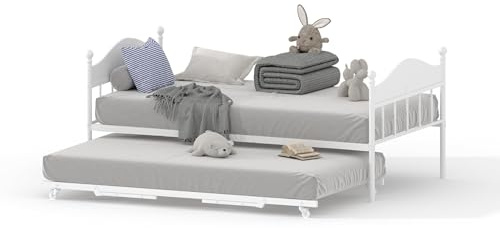 Garvee Twin Daybed, Twin Bed Frame with Sturdy Metal Foldable Trundle, Sofa Bed with Stylish Headboard for Living Room, Bedroom and Guest Room, White