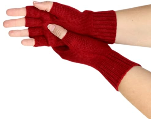 Prettystern Damen 100% Kaschmir-Wolle Halbfinger kurzfinger-handschuhe Fingerlose -Handschuhe Pulswärmer Cashmere Rot