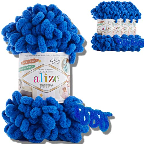Alize Puffy 5 x 100 g Turkisk ull, supermassivt chenillegarn, gosig och mjuk babyull, garn för virkning och virkning, XXL-nystan för Amigurumi-(blå kungsblått 141)
