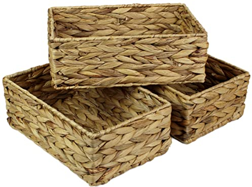 Rectangular Water Hyacinth Small baskets for storage Natural colour wicker basket shelves open Decorative gift box Small bathroom mini tray makeup bathroom Kitchen organiser (Medium 28cm, 3x Basket)