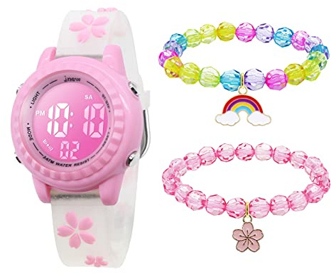 MamiddleReloj Digital para Niños y 2 Pulseras Reloj Digital de Luces de 7 Colores con Alarma Fecha Cronómetro para Niñas de 3 a 12 Años (Set Sakura Blanco)