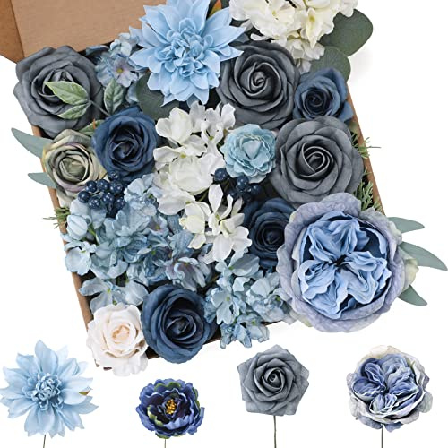 Floweroyal konstgjorda blommor kombo dammiga blå blommor mix silkesblommor dahlia-rosor med stjälkar för gör-det-själv bröllop brudbuketter, baby shower, blomsterarrangemang, bordsuppsatser