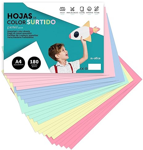 Färgkartong, A4 Cartong Pastell Blandade färger, Folios av 180gr färger för Hantverk, Skriv ut kreativa dokument och mönster, A4 färgade Folios · m-office (x500 Pastell sortiment)