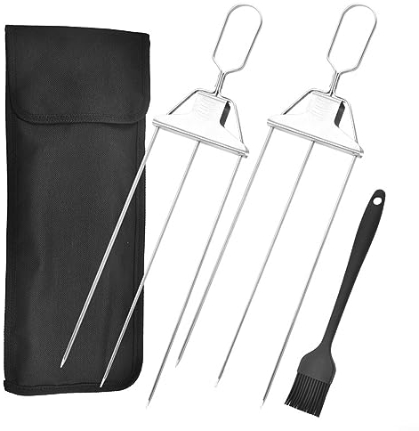 2 Stück Grillspieße Edelstahl + Bürste 3-Wege-Grillspieße für Kabobs, wiederverwendbar, Edelstahl, 3-Zinken-Spieß, 3-Wege-Grillspieße für Outdoor-Grill