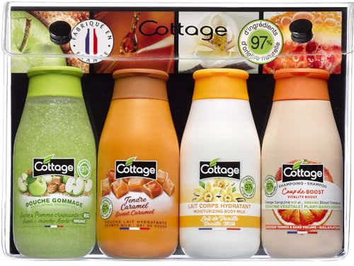 Cottage Kit Viaggio - Gel Doccia Esfoliante + gel Doccia Latte + Latte Corpo Idratante + Shampoo Delicato - 97% di ingredienti di origine naturale - 4 * 50ml