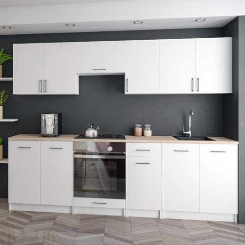 roe furniture Küchenzeile ohne Elektrogeräte - Modern Einbauküche 240 cm - Küche Komplett Leco - Küchenblock - Geräumige Singleküche - Küchenmöbel Komplett Mattweiß & Weiße Arbeitsplatte