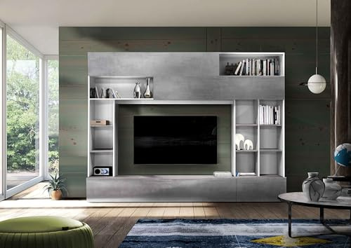 AVANTI TRENDSTORE - Pontebba - Moderna parete da soggiorno in legno laminato in stile bianco/grigio cemento, perfetta per ogni salotto. Dimensioni LAP ca. 277x210x40cm