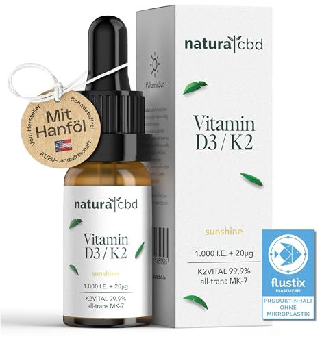 Vitamin D3 K2 Tropfen Hochdosiert [1000 IE] – D3 K2 Tropfen mit Hanföl & MCT-Öl – Vitamin D3 K2 Öl – 50ml (1700 Tropfen) – Laborgeprüft – Höchste Bioverfügbarkeit – Für Immunsystem, Knochen & Herz