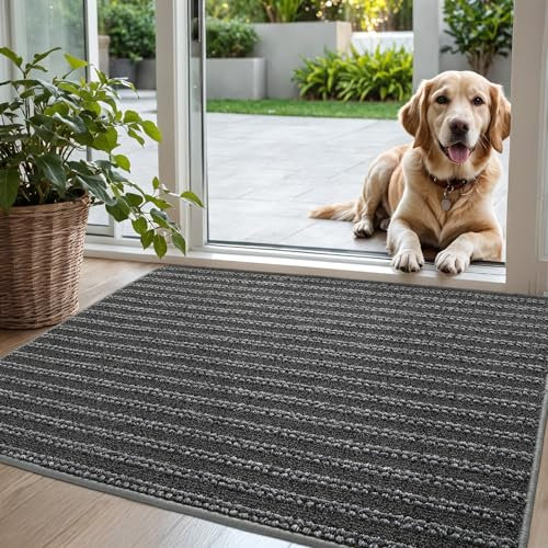 DEXI Door Mats Indoor 60 x 90 cm, Non-Slip Absorbent Dirt Trapper Mat, Thin Low Profile Doormats Inside, Washable Entrance Rug for Muddy Shoes and Paws, Grey
